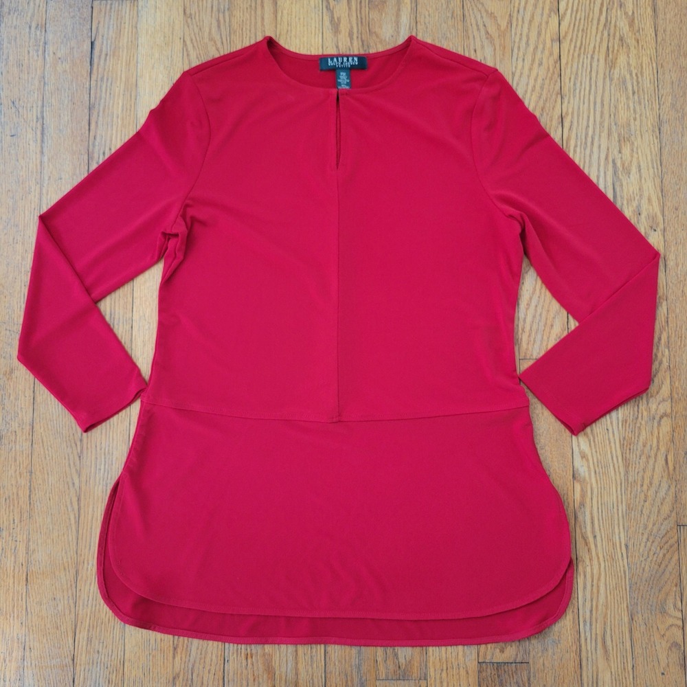 Ralph Lauren PM Blouse Red Keyhole Split Hem Tunic Glam Travel Liquid Knit